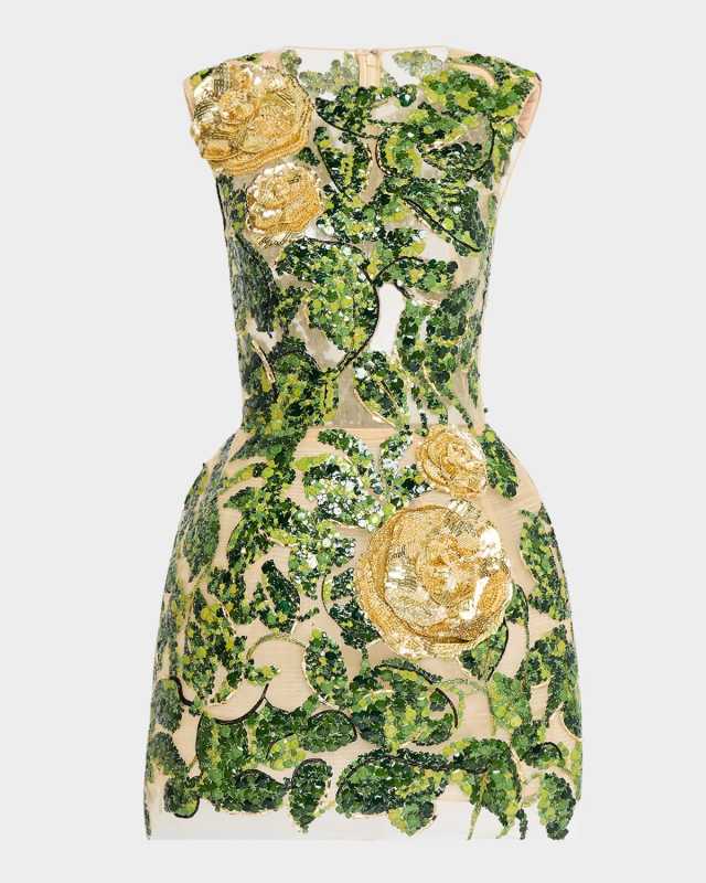 English Roses And Leaves Sequin Sleeveless Mini Dress